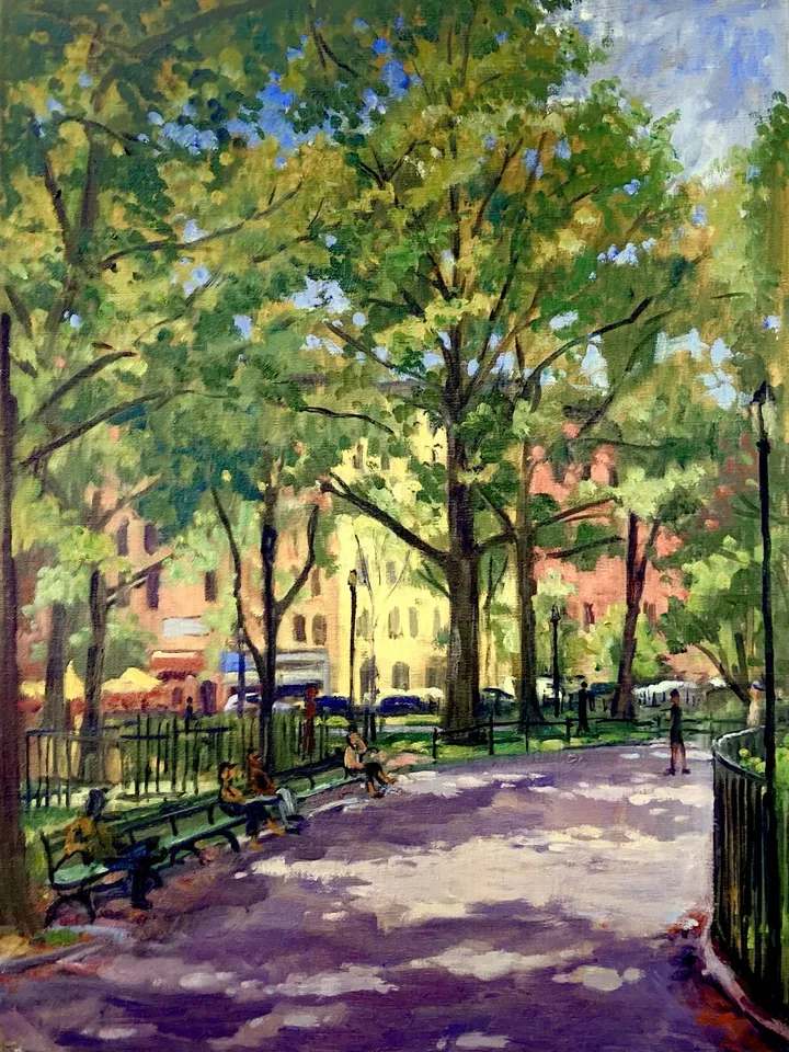 New York Cityscape Painting - From Tompkins Sq Park/East Village NYC - 18x24 Oil on Canvas, New York Impressionist Signed Original Fine Art