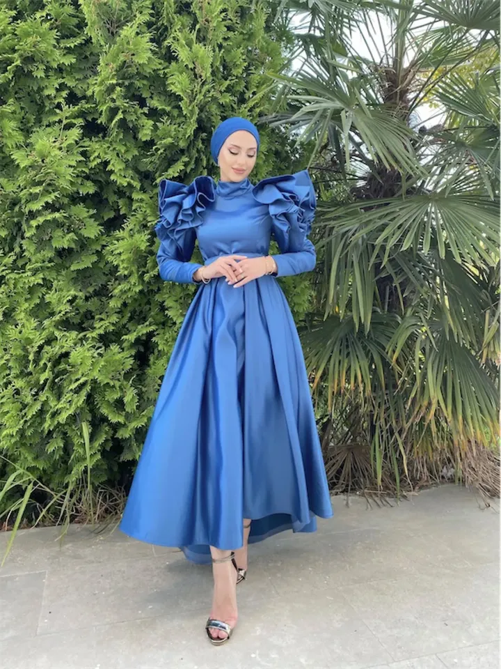 Defne Ahunare Blue Satin Shoulder Detail Wedding Dress, Muslim Evening Gown, Nikah, Islamic Wedding, Engagement, Bridesmaid, Maxi Dress
