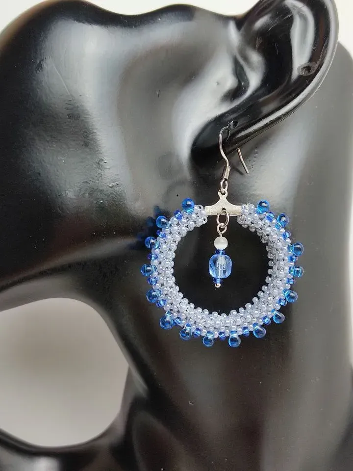 Ring earrings with blue beads drops large fashionable earrings