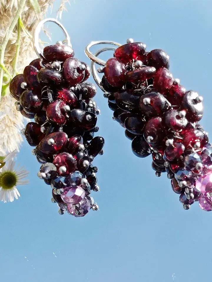 Unique handmade Garnet dangle earrings, earlobe earrings, earrings for girlfriend, earrings made of stones and bead