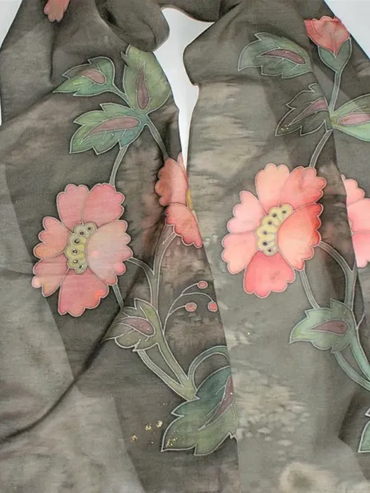 Pink and green scarf Hand painted scarf Floral scarves Cotton and silk scarf