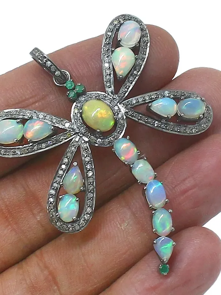 Natural Ethiopian Opal Pendant, Dragonfly Pendant, Diamond Pendant, 925 Sterling Silver Necklace, Dragonfly Jewelry, Multi Stone Pendant