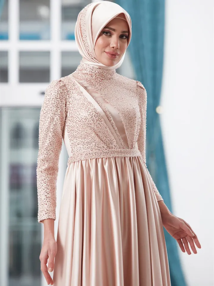 AHUNARE HIJAB - Berra Salmon Satin Wedding Dress, Muslim Evening Gown, Nikah, Islamic Wedding, Engagement, Bridesmaid,