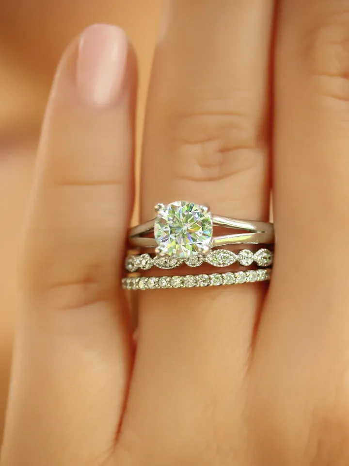 ROUND CUT RING | Round Cut Diamond Ring Band Set | White Diamond Wedding Ring Set | Art Deco Jewelry | Handmade 14k Gold Ring Band Set