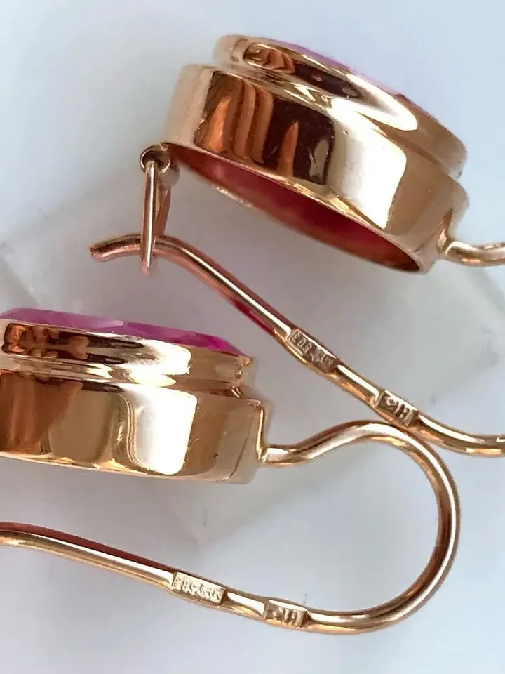 Rare Original 14K Earrings Rose Stone "Honeycomb" cut USSR 583 Rose Gold Soviet Retro Russian Women's jewelry Vintage
