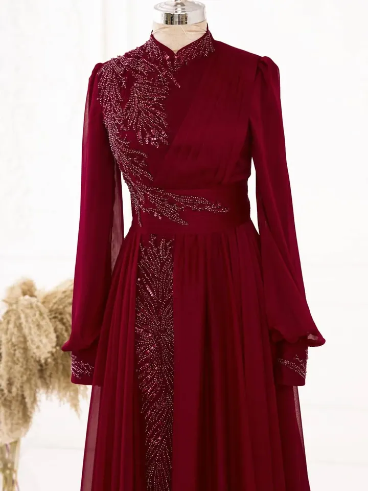 AHUNARE HIJAB - Eliz Burgundy Tulle Wedding Dress, Muslim Evening Gown, Nikah, Islamic Wedding, Engagement, Bridesmaid,