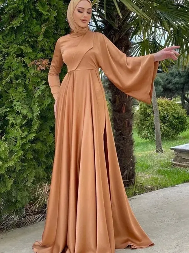 AHUNARE HIJAB - Feraye Orange Satin Wedding Dress, Muslim Evening Gown, Nikah, Islamic Wedding, Engagement, Bridesmaid,