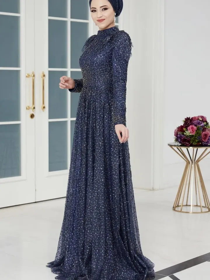 AHUNARE HIJAB - Firuze Navy Blue Tulle Wedding Dress, Muslim Evening Gown, Nikah, Islamic Wedding, Engagement, Bridesmaid,