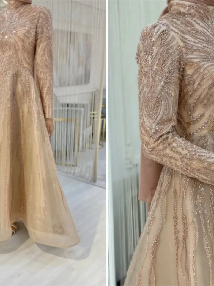 AHUNARE HIJAB - Masal Yarım Daire Honey Colored Embroidered Wedding Dress, Muslim Evening Gown, Islamic Wedding, Engagement, Bridesmaid,