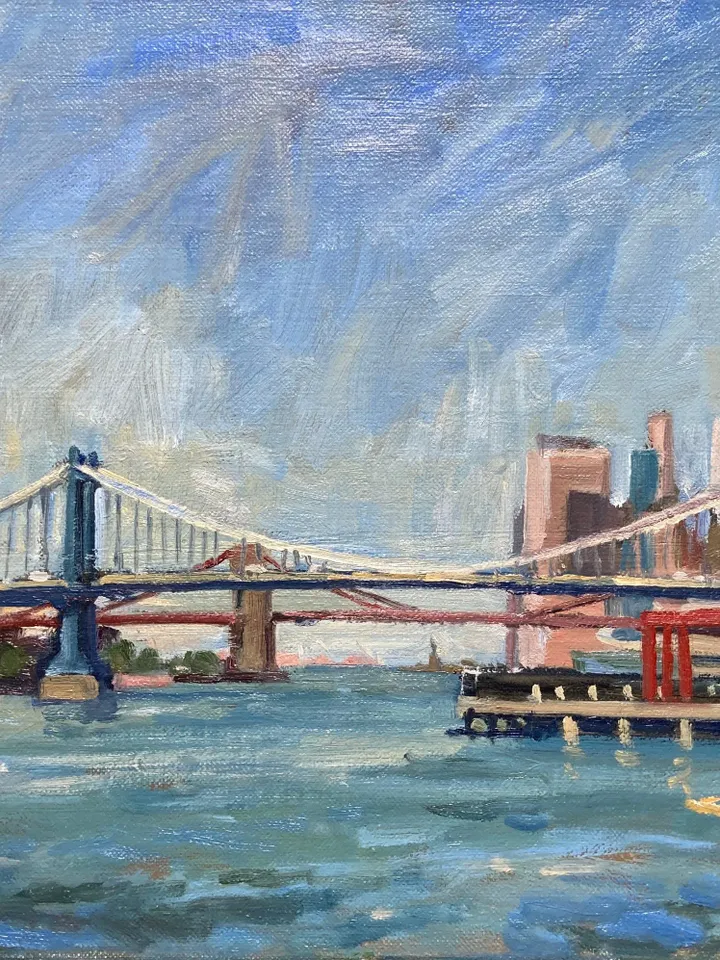 Original New York Cityscape Painting - Brooklyn Manhattan Bridges/NYC - 12x18 Oil on Canvas, Fine Art, Signed Impressionist Landscape