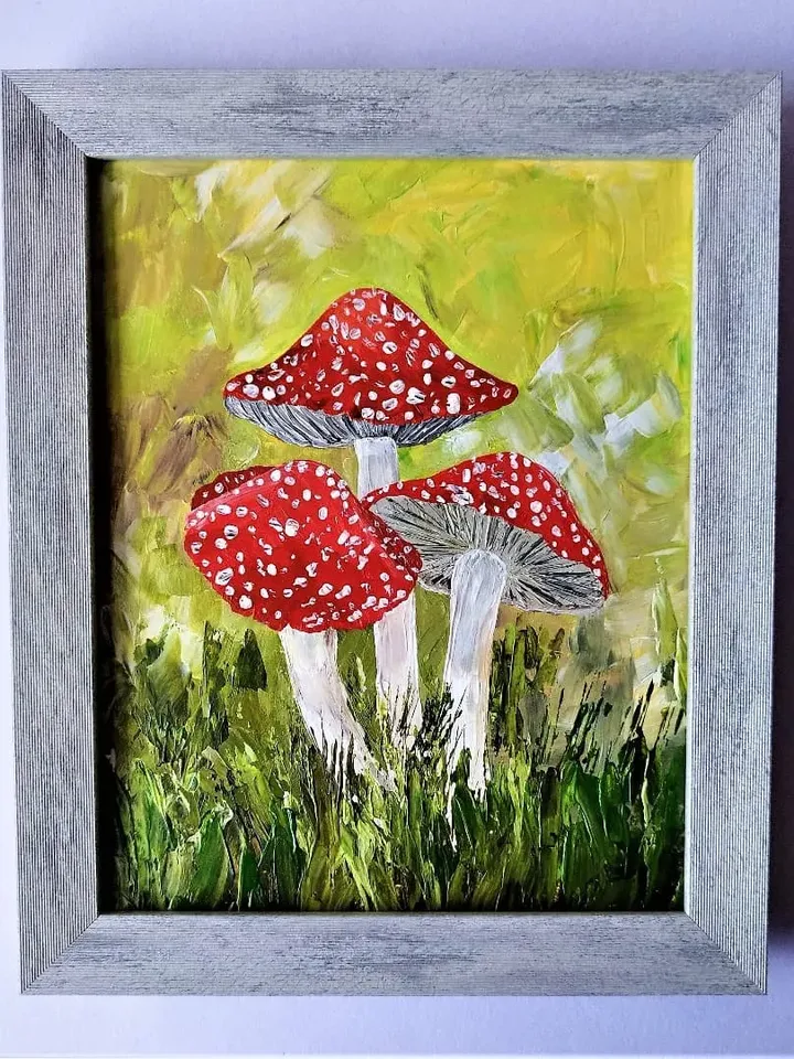 Mushroom paintings, Realistic mushroom painting, 3 mushrooms, Impasto paintings for sale