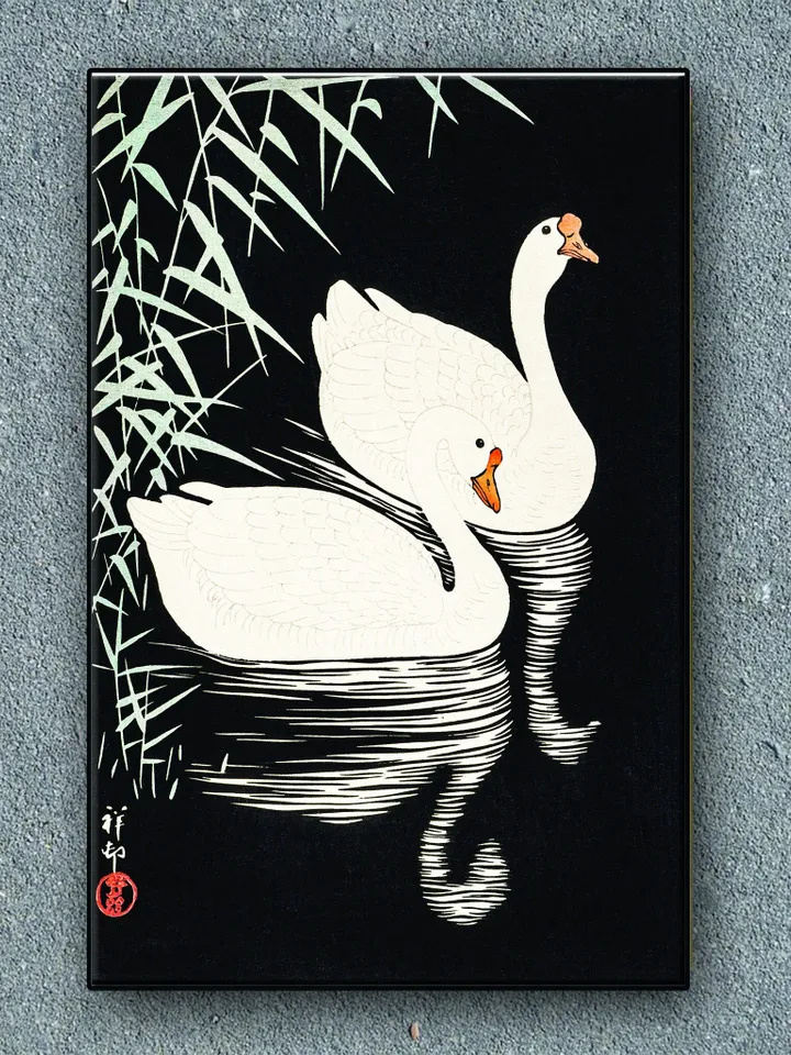 Ukiyo-e Japanese Print - Swan and Reeds Print on Canvas , Floating Frame Option, Modern Wall Art, Extra Large Canvas Wall Art