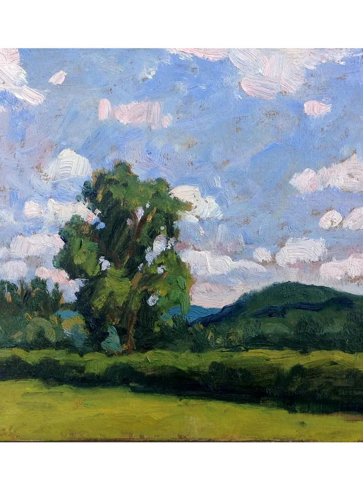 Small Tanglewood Landscape Painting -Summer Sky- 6x6 Oil on Panel, Berkshires Plein Air Impressionist Fine Art, Signed Original
