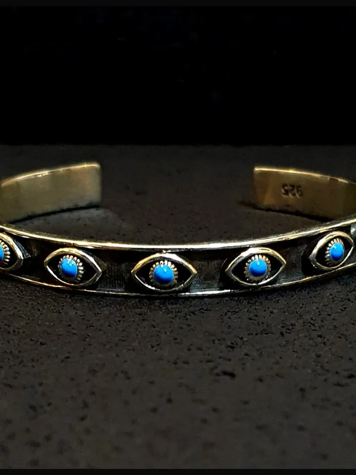 Solid Silver Evil Eye Cuff Bracelet, High Quality Thick & Solid 925 Sterling Silver Handmade  Adjustable Bangle, Christmas Gifts for Women