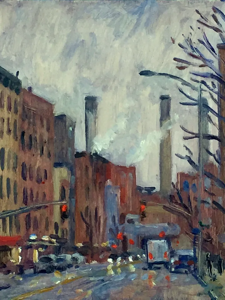 Original New York Cityscape Painting -Twilight/Avenue D/NYC- 7x7 Oil on Panel, Impressionist Landscape, Signed Original American Fine Art