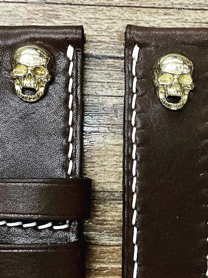 Brown Watch Straps in 24mm 26mm, Genuine Leather Watch Band, Handmade Wristwatch Band 22mm 21mm with cream white stitching Bronze Skull Stud
