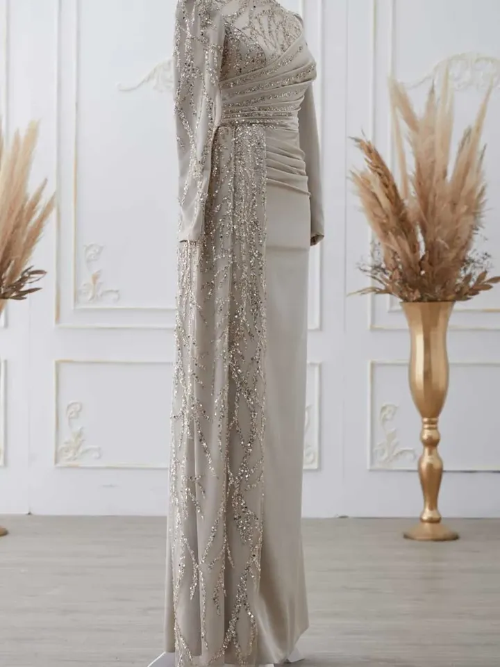 Güneş Cream Side-Tailed Satin Embroidered Ahunare Wedding Dress, Muslim Evening Gown, Islamic Wedding, Engagement, Bridesmaid, Maxi Dress