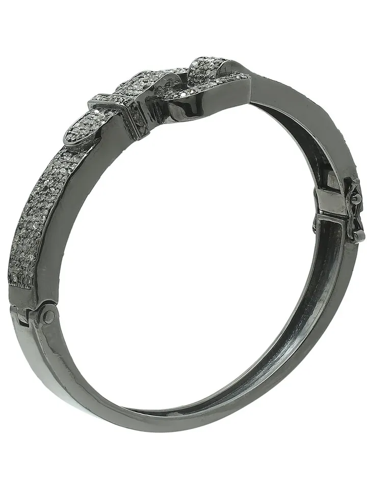 Pave Diamond Bangle, Diamond Cuff Bangle, 925 Sterling Silver Bangle, Antique Look Bangle, Openable Victorian Jewelry, Belt Shape Bangle