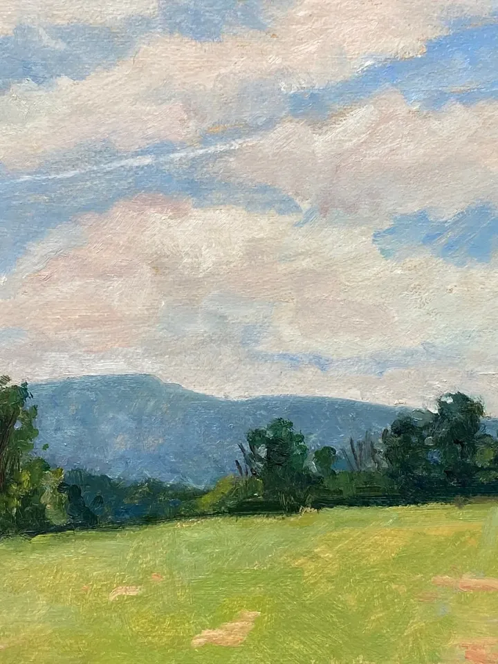 Original Berkshires Landscape Painting - Summer Fields and Sky - 10x20 Oil on Panel, Plein Air Impressionism, Signed Original Fine Art