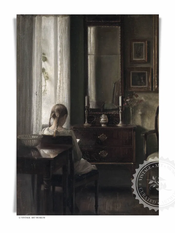 Young Girl Reading, Moody Portrait Painting, Printable Art, Vintage Digital Wall Decor | 374