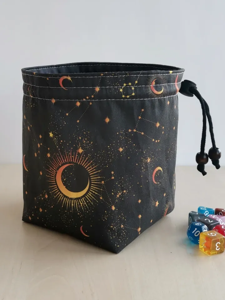 Large dice bag with pockets for 150-200 dice Moon and stars