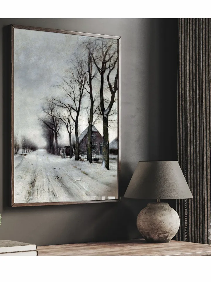 Vintage Winter Landscape With a Farm Painting, Moody Holiday Wall Decor, Printable Digital Download | 353