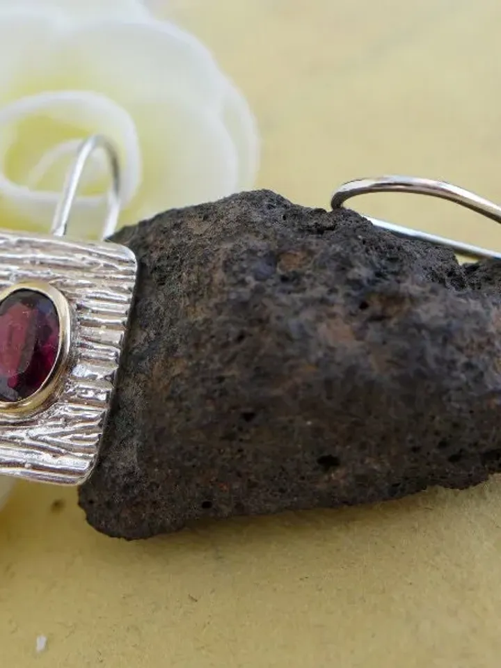 Textured Sterling Silver Earrings with Garnets Set in Gold