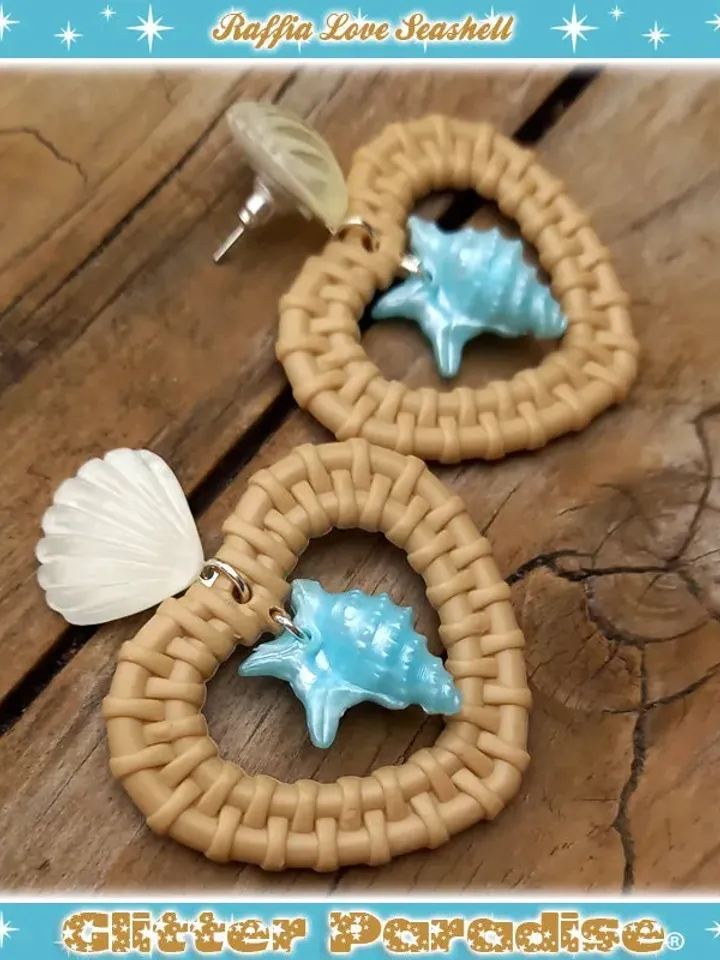 Rattan Love Seashell - Earrings - Rattan Raffia Jewelry - Heart Earrings - Sea Summer Earrings - 1950s Seashell Earrings - Glitter Paradise®