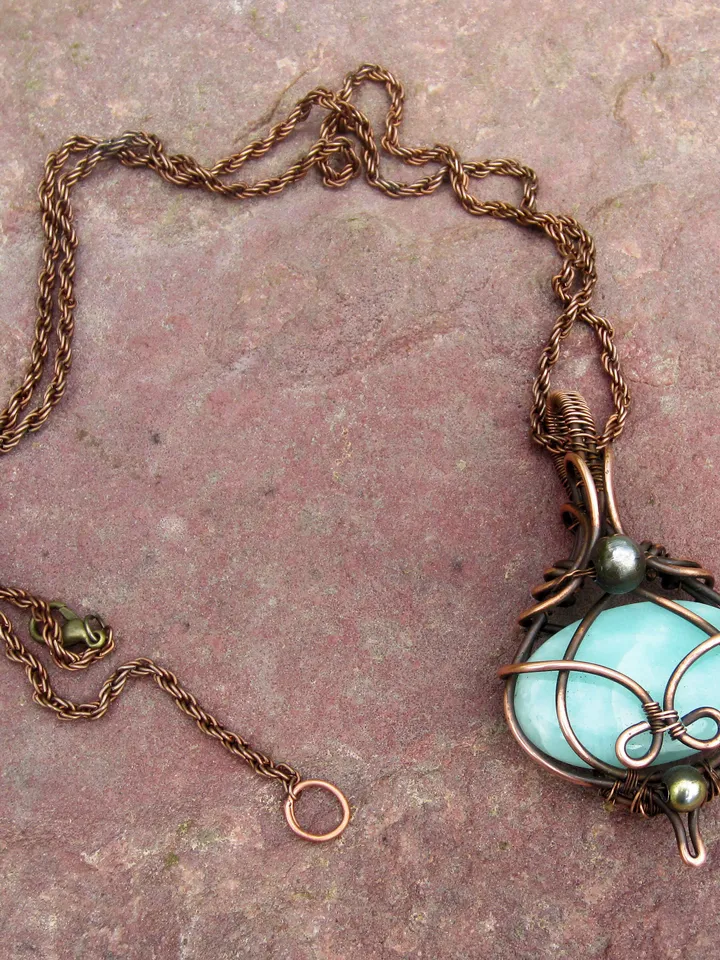 Copper necklace wrapped in wire with amazonite stone, antique style wire pendant, necklace for men, women, amulet