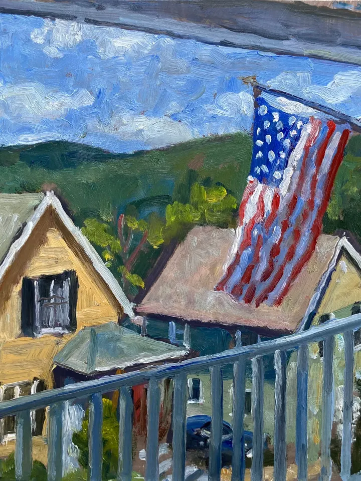 Original Landscape Painting - Front Porch/July 4th- 9x12 Oil on Panel, Berkshires Plein Air Impressionist Scene, American Fine Art