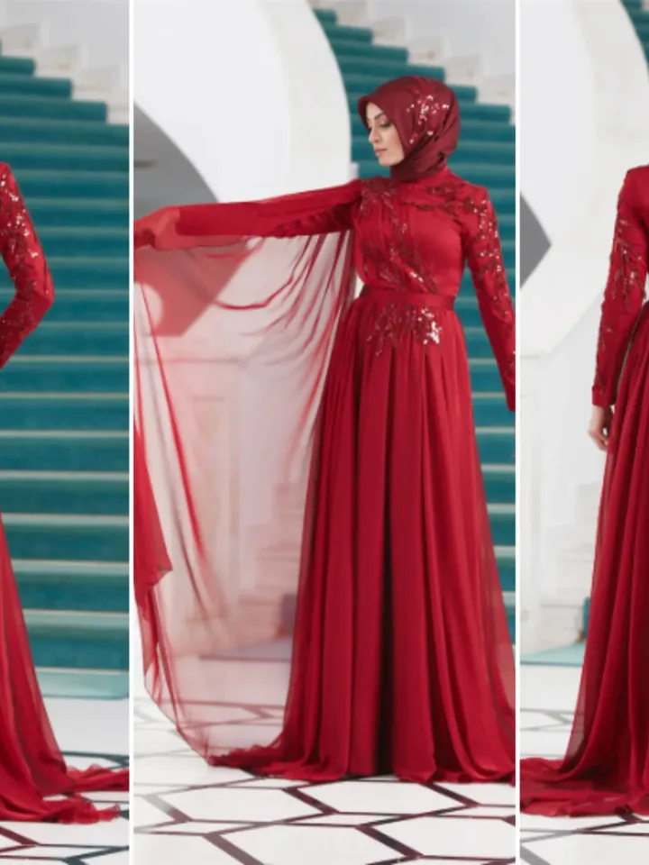 AHUNARE HIJAB - Vera Burgundy Chiffon Wedding Dress, Muslim Evening Gown, Nikah, Islamic Wedding, Engagement, Bridesmaid,