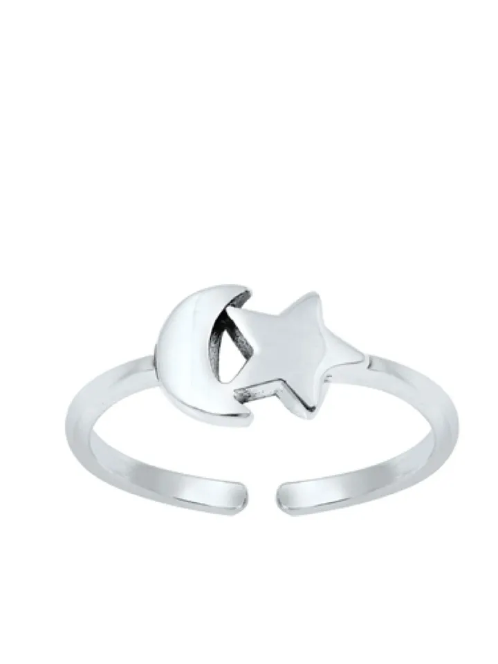 Sterling Silver Moon and Star Adjustable toe ring 925 toe ring for women No Pinch Waterproof Star and Moon toe ring