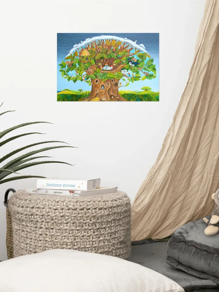 Big tree, Magic Oak with treehouses, little people, gnomes and elves, landscape, house art, Poster with author&#39;s painting, nursery décor