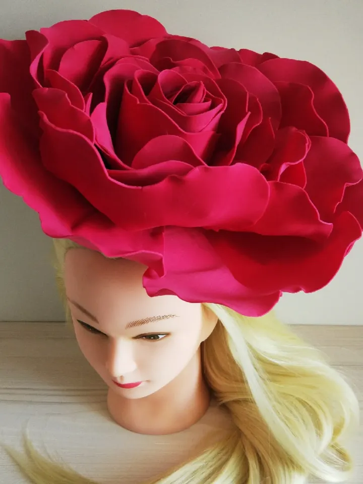 Big Rose Derby hat Wedding Fascinator 13" Bridal Headband crimson giant flowers Hair Clip Vintage hairpins