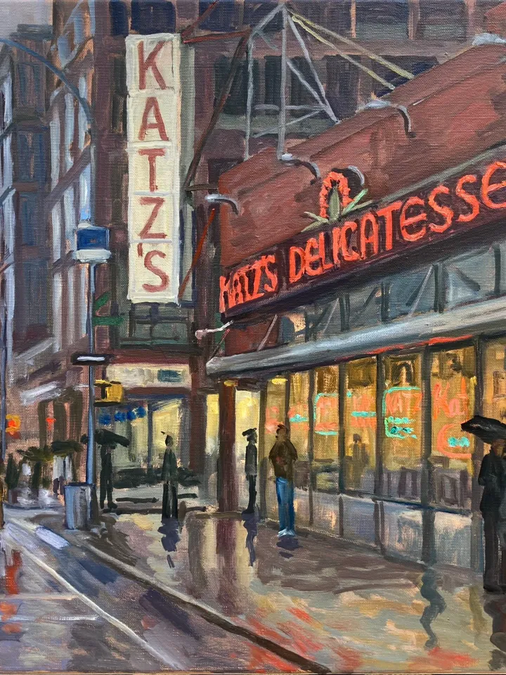 Large New York Cityscape Painting - Katz's Delicatessen/NYCRain- 18x24 Oil on Linen, Lower East Realist Street Scene, Signed Original