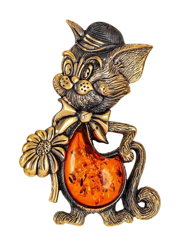 Cat Tom Brooch pin with Daisy flower Cartoon Cat animal jewelry gold Baltic amber Brooch cute gift women teenage cat