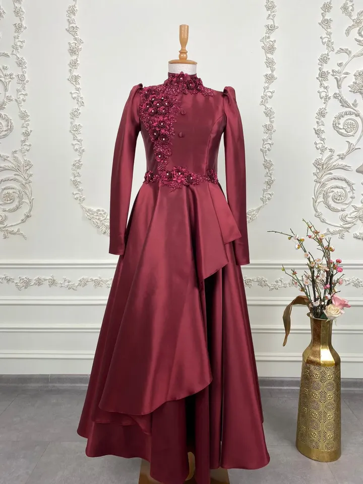 AHUNARE HIJAB - İnci Burgundy Embroidered Satin Wedding Dress, Muslim Evening Gown, Nikah, Islamic Wedding, Engagement, Bridesmaid,