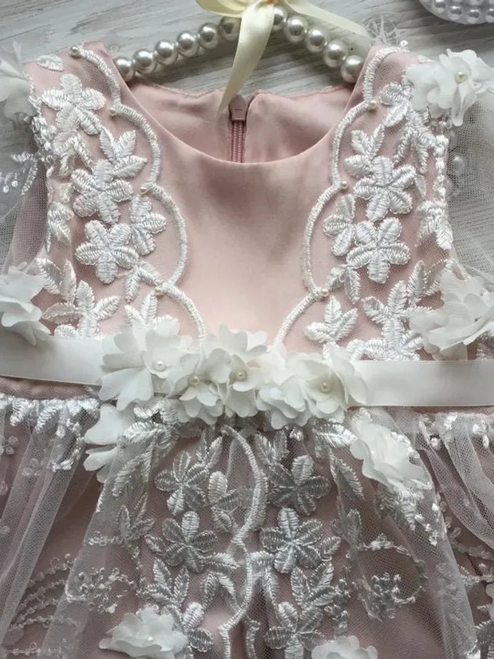 Baptism outfit for baby girl. Christening gown for baby girl. Dress with 3d flowers, headband, panties and booties for baby girl.