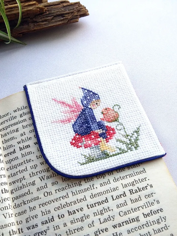 Fairy mushroom bookmark personalized, Cute bookmark with elf on mushroom, Cottagecore gift, Embroidered book lover gift