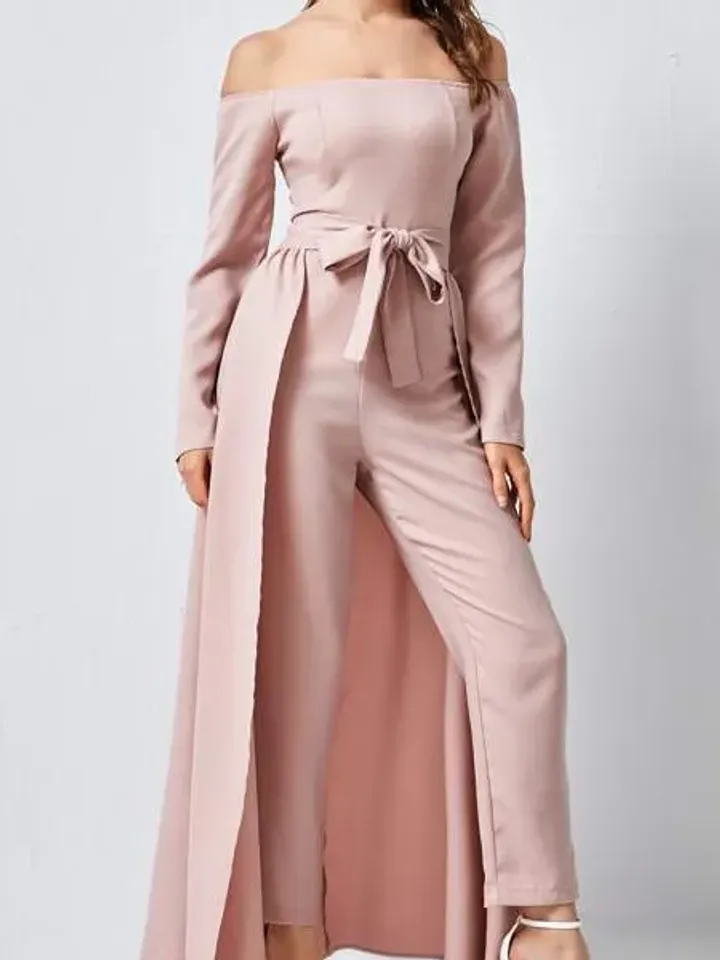 Off the Shoulder Long Sleeve Belted Jumpsuit With Skirt Women Ladies