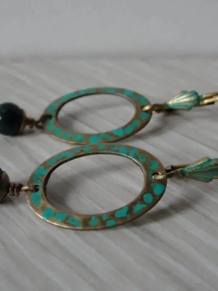 Boho Shabby chic Vintaj solid and natural brass Chrysocolla earrings Textured patinated