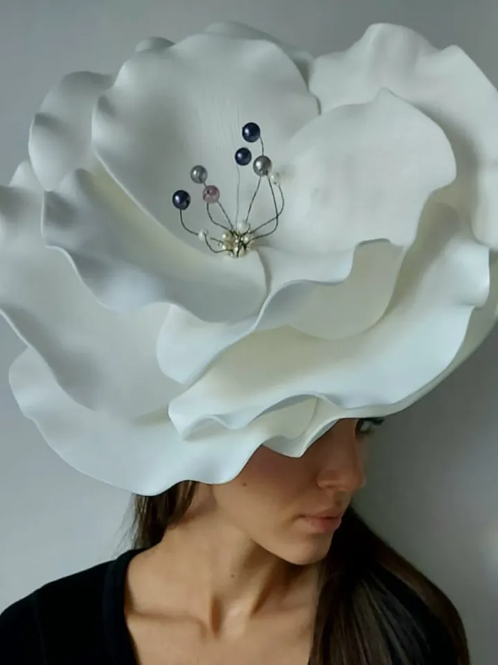 Large anemone fascinator with crystal beaded, Wedding flower hair clip, Women Derby hat, bloom headpiece, Ivory Bridal headgear