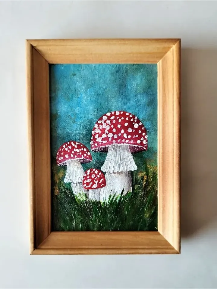 Realistic mushroom painting, Toadstool picture, 3 mushrooms, Impasto painting, Small wall decor