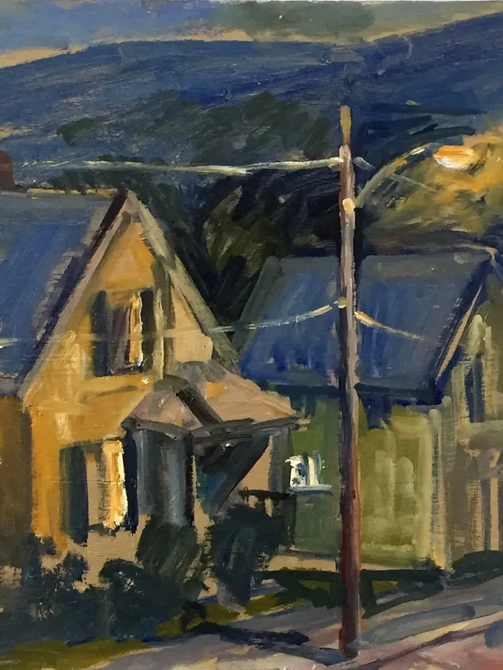 Night Scene Painting -Front Porch Nocturne- 12x20 Oil on Panel, Plein Air American Impressionist Landscape, Signed Original