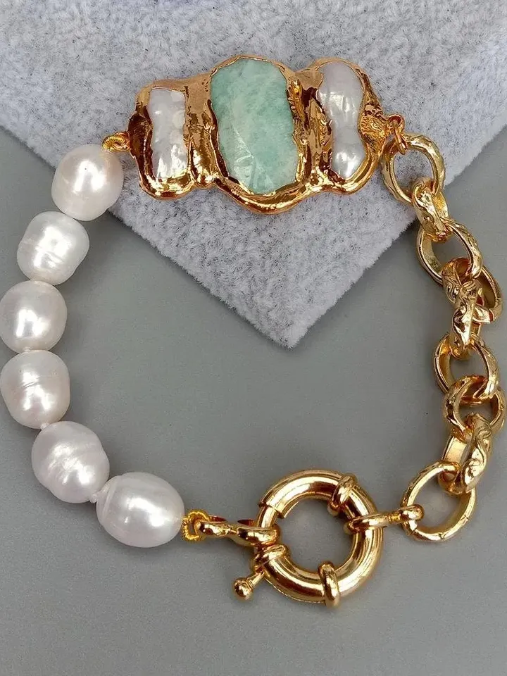 Amazonite Bracelet, Chunky Bracelet, Chunky Gold Bracelet, Gold Pearl Bracelet, Chunky Gemstone Bracelet, Chunky Pearl Bracelet, Bohemian
