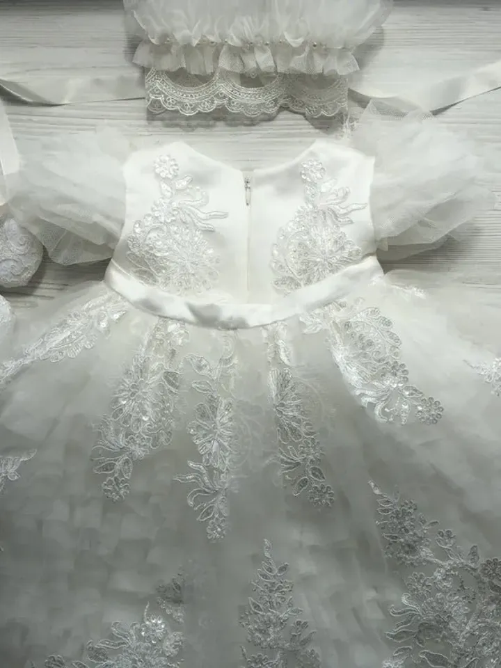 Ivory dress with lace and pearls, headband, shoes for baby girl. Baptism outfit for baby girl. Christening gown for baby girl.
