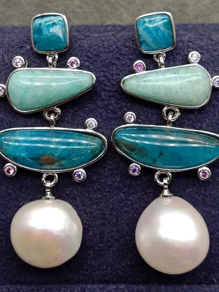 Handmade Turquoise Apatite and Amazonite Dangle Earrings with Pearl and Gold Plating