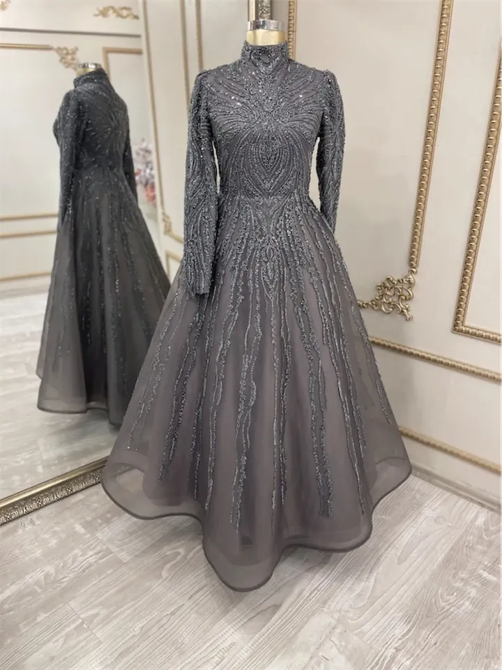 AHUNARE HIJAB - Masal Yarım Daire Smoked Embroidered Wedding Dress, Muslim Evening Gown, Nikah, Islamic Wedding, Engagement, Bridesmaid,