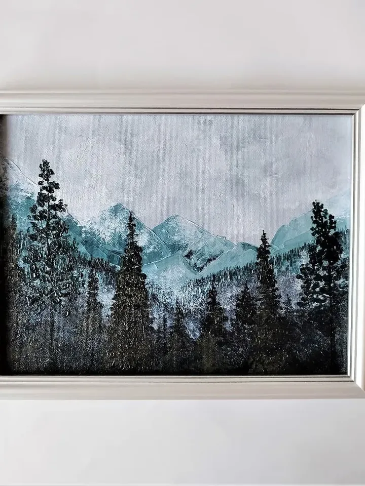 Forest Mountain Landscape Acrylic Painting Framed Art