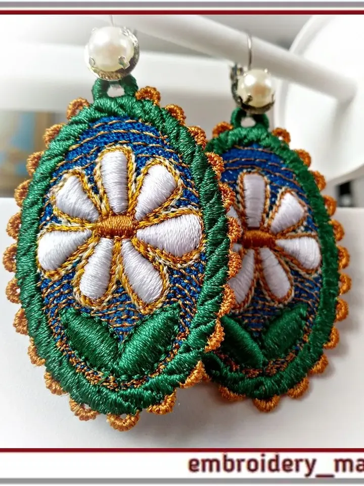 In The Hoop embroidery design oval FSL earrings with chamomile